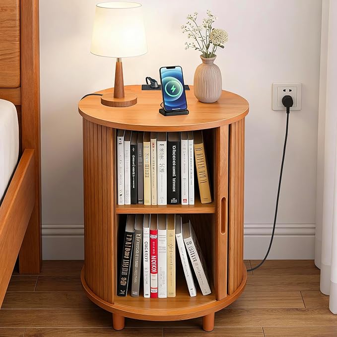 DHH Round End Table with Storage & Charging Station, Fluted Accent Side Table with Sliding Door & Adjustable Shelf, Mid-Century Nightstand for Small Spaces, Living Room, Bedroom (1, Yellow Walnut)