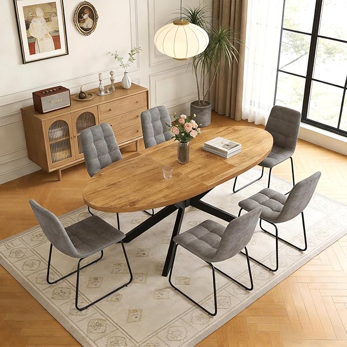 63"-78.7" Extendable Round Dining Table Set for 6, 7 Piece Mid Century Modern Oval Kitchen Table Set, Large Dining Table with 6 Dining Chairs for Living Room Space Saving（Walnut Table+6 Grey Chairs)