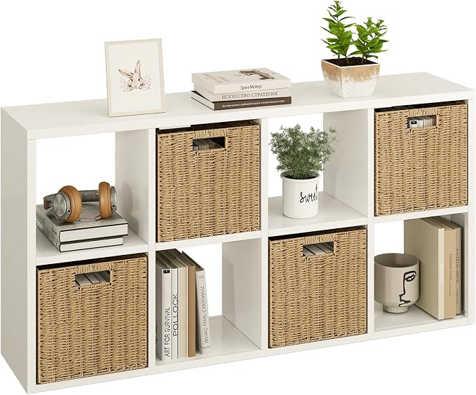 IRONMIX Metal 8 Cube Storage Organizer, White Short Bookshelf with Storage, Horizontal TV Stand, Modern Cube Storage Shelf Small Cube Bookshelf for Living Room, Office, Library, Study, Easy Assembly