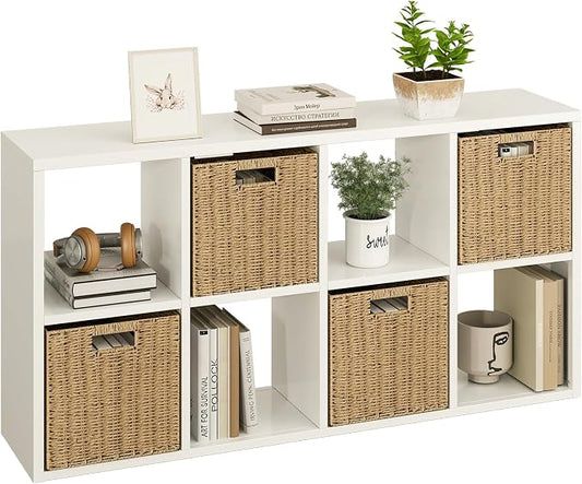 IRONMIX Metal 8 Cube Storage Organizer, White Short Bookshelf with Storage, Horizontal TV Stand, Modern Cube Storage Shelf Small Cube Bookshelf for Living Room, Office, Library, Study, Easy Assembly