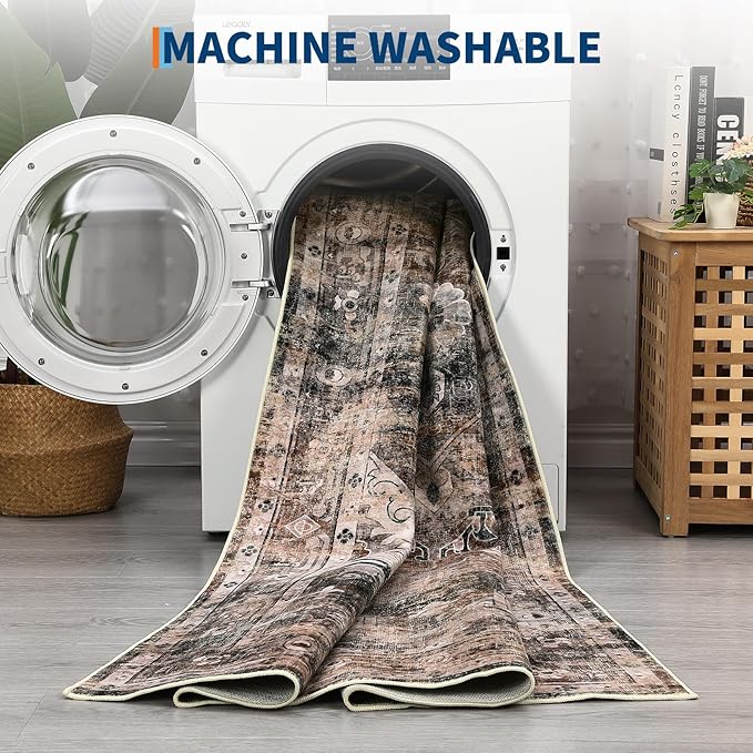 5x7 Area Rug Washable Boho Vintage Medal Print Small Carpet Non Slip Office Rugs Low Pile Soft Bedroom Carpet Non Shedding Kids Nursery Floor Mats for Kitchen Dining Living Room Brown