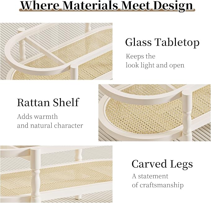 Rattan Coffee Table, Oval Cocktail Table with Glass Top and Solid Wood Frame, Boho Indoor & Outdoor Coffee Table, White, 40 in