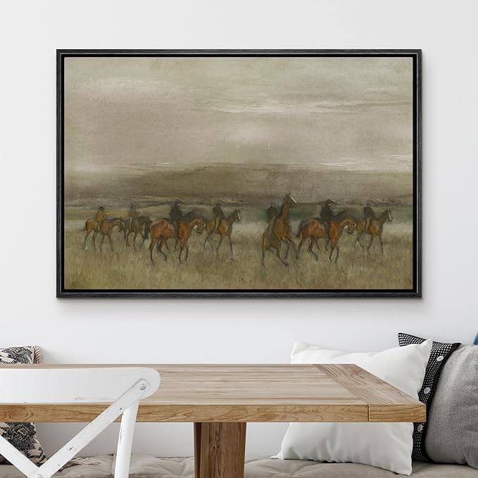 MUDECOR Framed Canvas Print Wall Art Horse Riders in Dark Watercolor Landscape Nature Wilderness Illustrations Impressionism Scenic Multicolor for Living Room, Bedroom, Office - 24"x36" Black