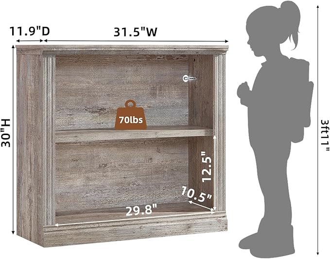 RWYHG 30" Grey Bookshelf Set of 2,2-Tier Thick Wood Book Shelf with Adjustable Shelves,Free Standing Farmhouse Bookcase with Open Display Storage,Floor Vintage Bookshelves for Living Room,Office