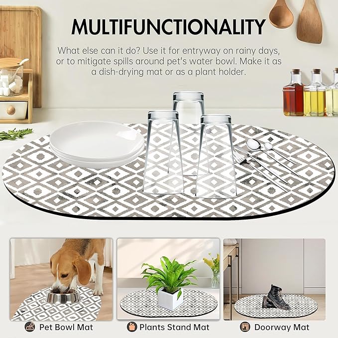 Diatomaceous Mud Bath Mat Grey Modern Geometric Oval Soft Wrinkle Free Bathroom Floor Rugs Non-Slip Super Absorbent Fast Drying Bath Rug for Bathroom Kitchen Door Mat 23.6x15.7 Inches