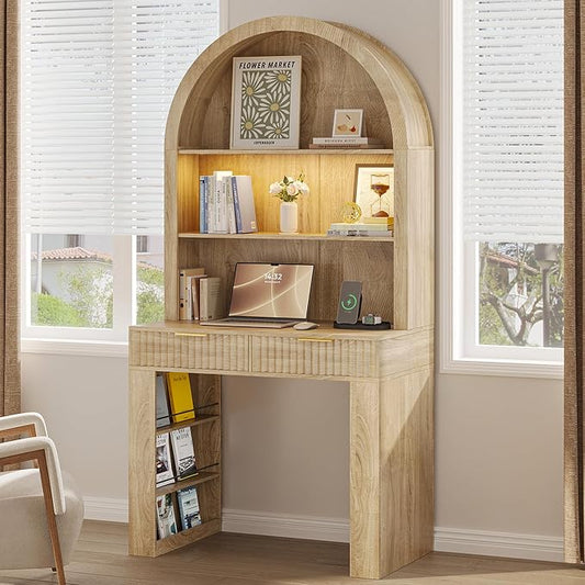 Arched Writing Desk with Hutch, Home Office Desk with 2 Fluted Drawers, Secretary Desk with Outlets, LED Lights, Bookshelves, Wood Computer Desk for Small Space, Bedroom 35.4"W x 70.8"H (Oak)
