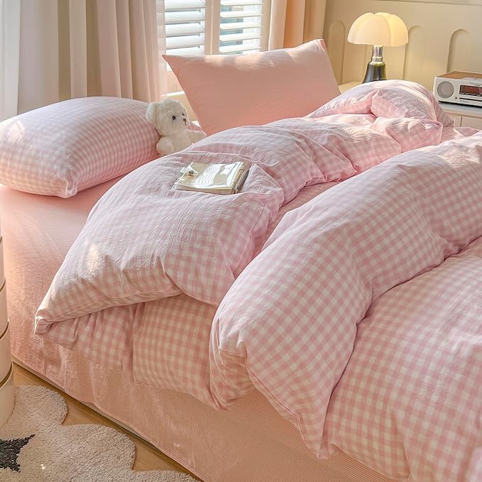 mixinni Light Pink Gingham Duvet Cover Set Twin XL Size - 100% Washed Cotton 3 Piece Plaid Checkered Bedding Set, Soft Comfy Grid Farmhouse Comforter Cover with Zipper Closure & Corner Ties