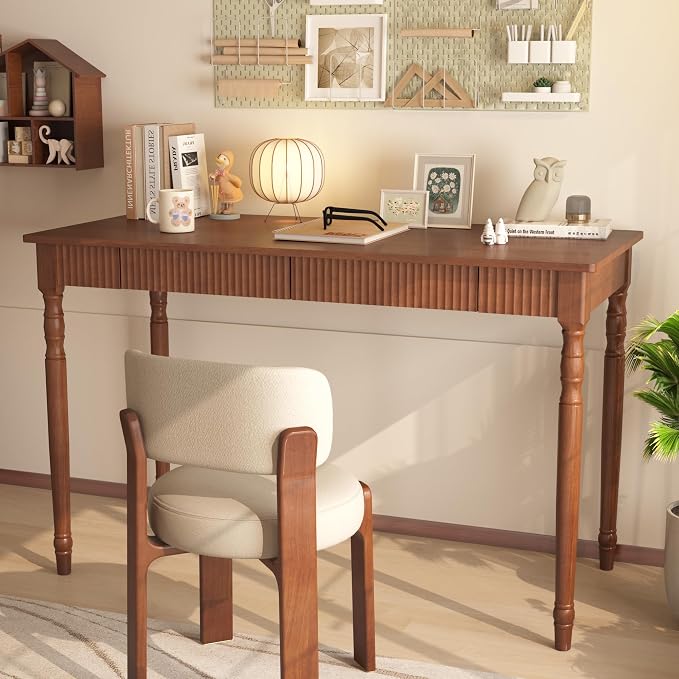 Solid Wood Desk with Drawers - 48 Inch Mid Century Modern Writing Desk,Simple Study Table Home Office Desks for Small Spaces,Easy Assembly Desks for Bedroom, Living Room&Office-Walnut Color