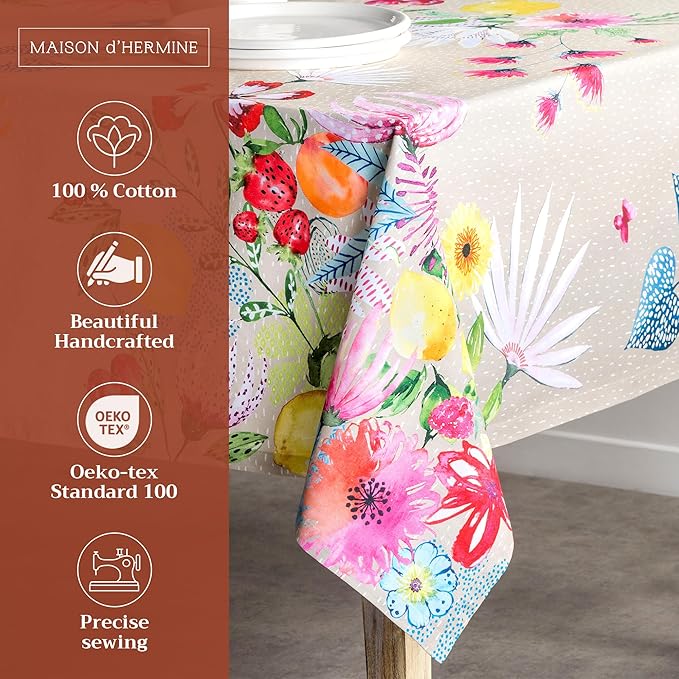 Maison d' Hermine Table Cloth Rectangle Table 100% Cotton 60 x 90 Inches Tablecloth Reusable Decorative for Dining Room Farmhouse Home Valentines Day Decorations Spring Summer - Jardin D'Ete - Fog