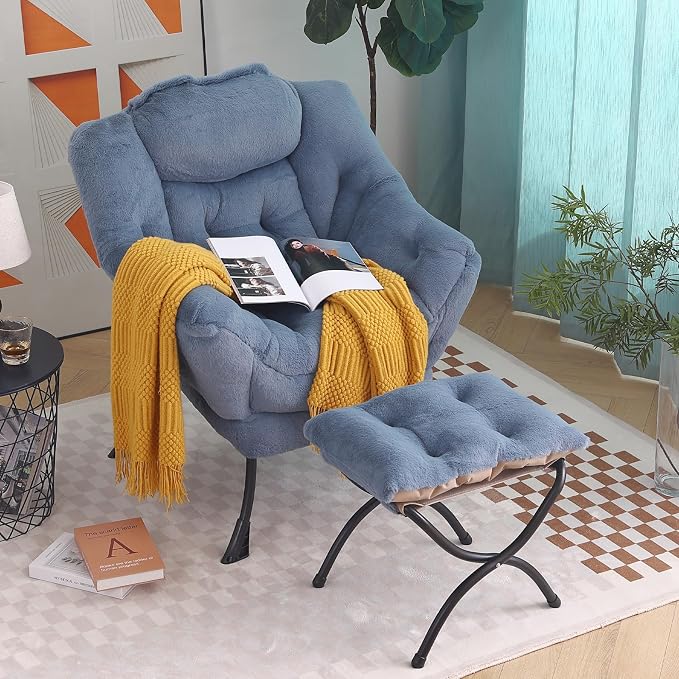 Tiita Lazy Chair with Ottoman, Blue Modern Large Accent Armchair, Comfy Leisure Sofa Reading Chair with Footrest for Bedroom, Living Room, Dorm Rooms, Garden, Plush Light Blue