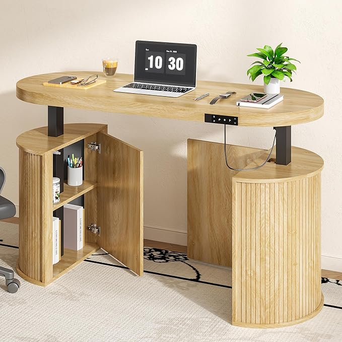 Mid Century Modern Electric Standing Desk with Storage, 55 x 22 Inch Small Sit Stand Up Desk, Wood Adjustable Height Computer Executive Desk for Home Office, Laptop, Oak