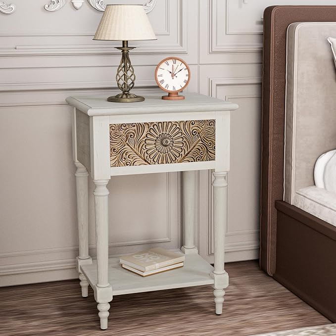 HOMPUS Fully Assembled Farmhouse Nightstand with Drawer and Shelf, Vintage Nightstand with Flower Pattern, Wood End Table, Small Bedside Table Night Stand for Living Room, Bedroom, Distress White