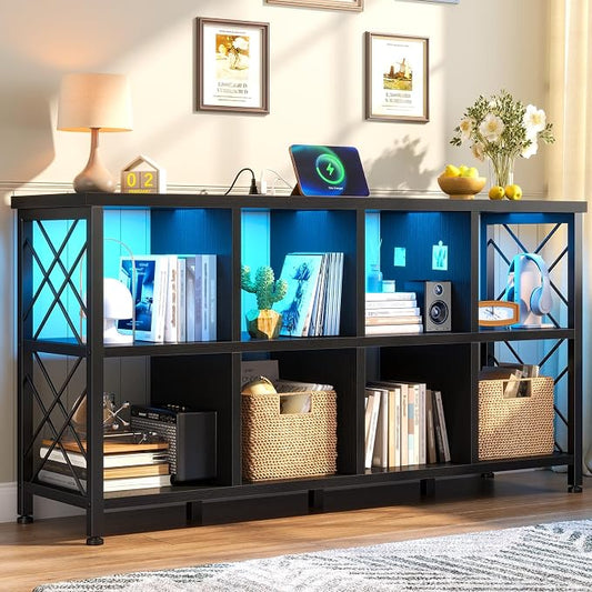 DurayLoly 8 Cube Shelf Organizer with LED Light and Charging Station, Wood and Metal Cube Shelf as Long Horizontal Book Shelf for Bedroom Home Office, Black