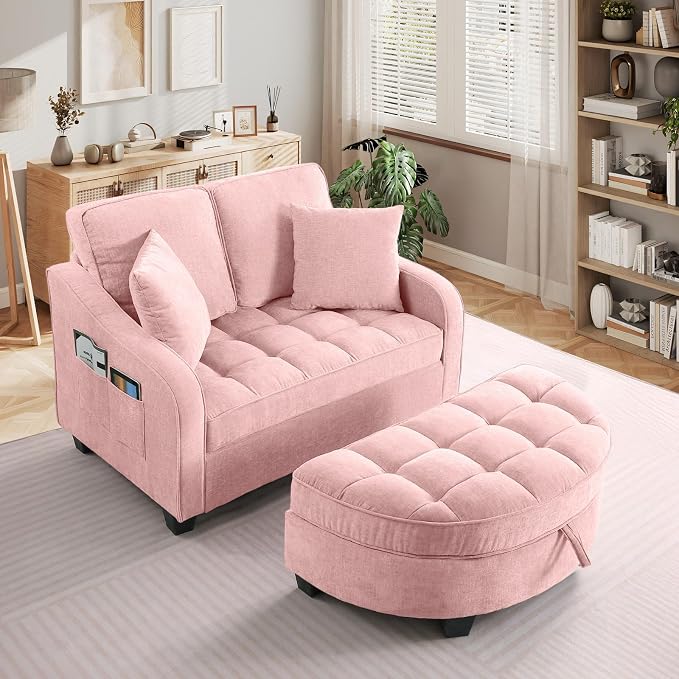 Oversized Chaise Lounge Chair Indoor with Ottoman, Chenille Tufted Comfy Loveseat Sofa Chair with Adjustable Backrest, Fluffy Recliner Sofa, Convertible Sleeper Couch Bed for Living Room(51"W, Pink)