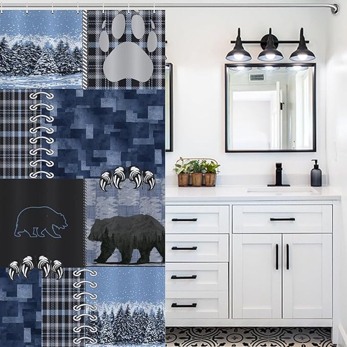 Vintage Rustic Bear Cabin Shower Curtain Board Country Retro Wild Animal Snow Farmhouse Lodge Waterproof Shower Curtains for Bathroom Decor 12 Pack Hooks 72x72in (183x183cm)