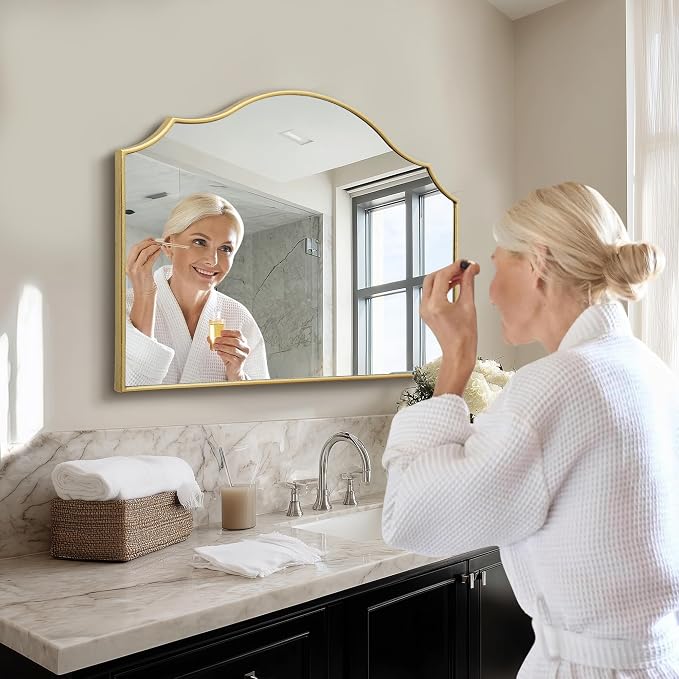 Besdomus Gold Scalloped Mirror for Dresser: 35"x26" Modern Wooden Mantel Mirror - Minimalist Decorative Wall for Vanity/Bedroom/Fireplace/Entryway - Ideal for 20-44 Age Fashion Women
