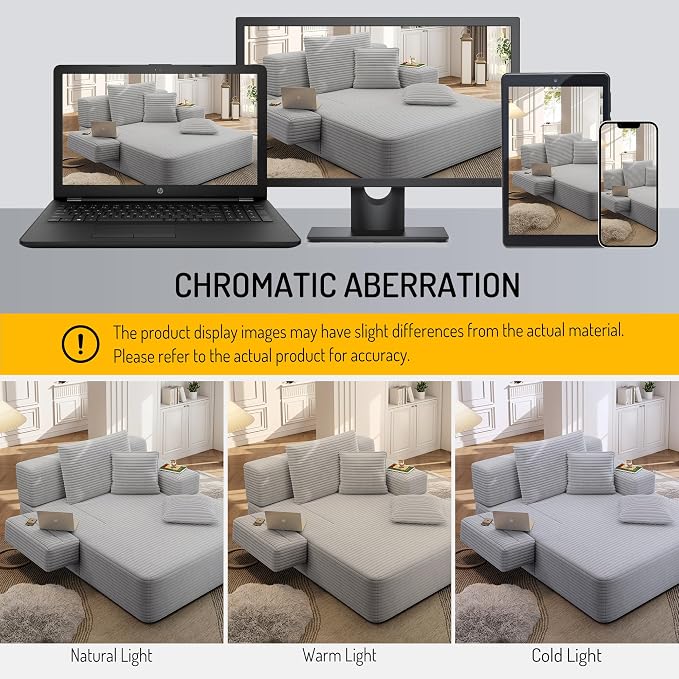48.5" Oversized Chaise Lounge Chair Indoor, 3-in-1 Convertible Sleeper Sofa Bed, Plush Corduroy Boneless Chaise with 3 Pillows & Side Pockets, Adjustable Back/Armrest for Living Room - Light Grey