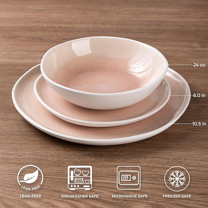 AmorArc Ceramic Dinnerware Sets,Handmade Reactive Glaze Stoneware Plates and Bowls Sets,Highly Scratch Resistant | Dishwasher & Microwave Safe Dishes Set,Service for 8 (24pc)-Pink