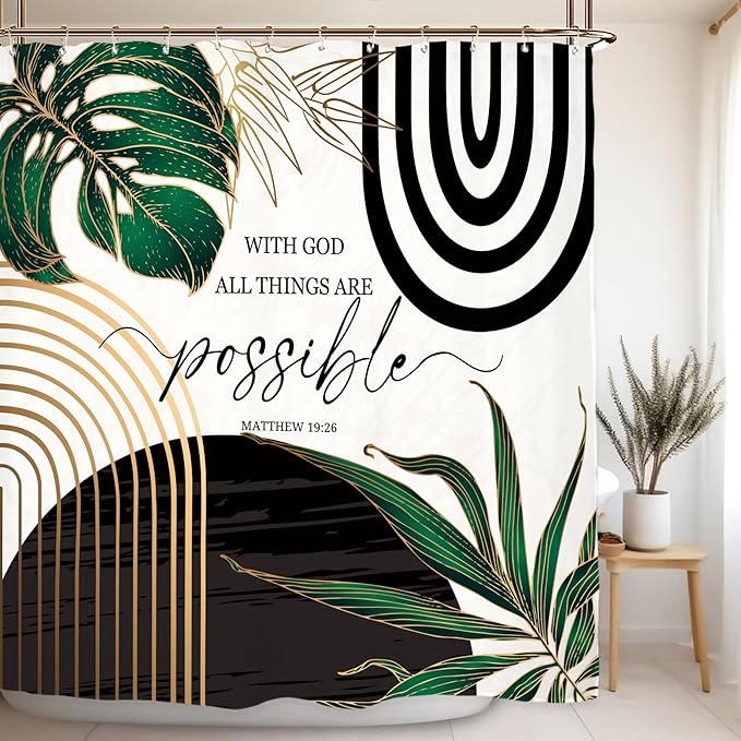 Miyotaa Abstract Emerald Green Shower Curtain Set 71Wx84H Inches Bible Christian Extro Long Motivational Minimalist Modern Tropical Leaves Aesthetic Contemporary Bathroom Curtain with Hooks