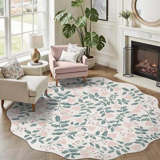 DCX Pink Botanical 5x5 Rug, Machine Washable Non Slip Stain Resistant Carpet, Kid & Pet Friendly Low Pile Floral Scalloped Rug for Living Room, Bedroom, Home Office