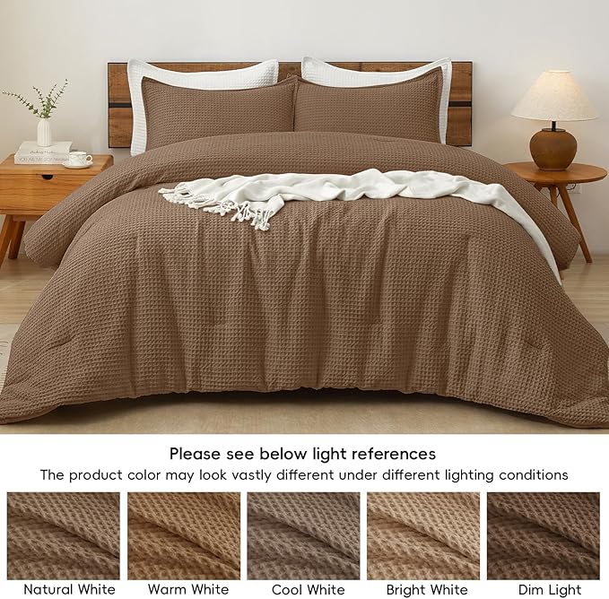 PHF Ultra Soft Waffle Weave Comforter Set Queen Size, 3 Pieces Lightweight Breathable Comfy Bedding Set, Comfy Textured 1 Comforter with 2 Pillow Shams, Mocha