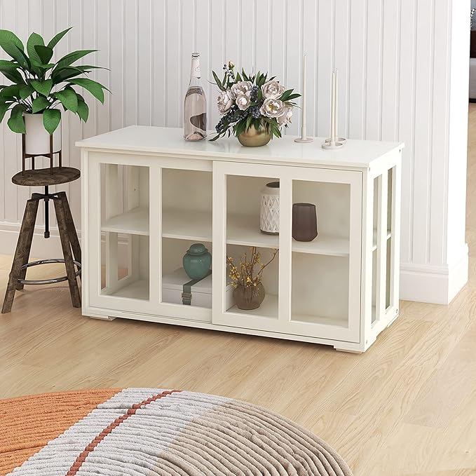 RASOO Kitchen Storage Cabinet Antique Stackable Buffet Storage Sideboard Adjustable Shelf Inside Credenza Cupboard with Transparent Glass Sliding Door (White)