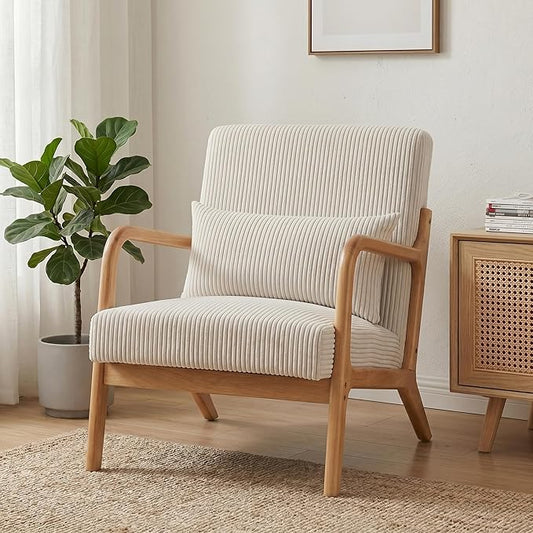 Mid Century Modern Accent Chair, Upholstered Corduroy Armchair with Lumbar Pillow, Solid Rubberwood Frame for Living Room, Bedroom, Waiting Room, Beige