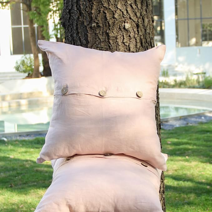 Simple&Opulence Linen Throw Pillow Covers Pack of 2, Triple Coconut Button Vintage Farmhouse Natural Flax Decorative Square Cushion Cover for Sofa Couch Chair - Brush Pink, 18'' x 18''