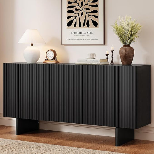 ONBRILL 63" Fluted Sideboard Buffet Cabinet with Storage, Large Sideboard Cabinet with Adjustable Shelves, Modern Credenza with 4 Doors, Kitchen Cabinets for Living Room, Entryway (Black)