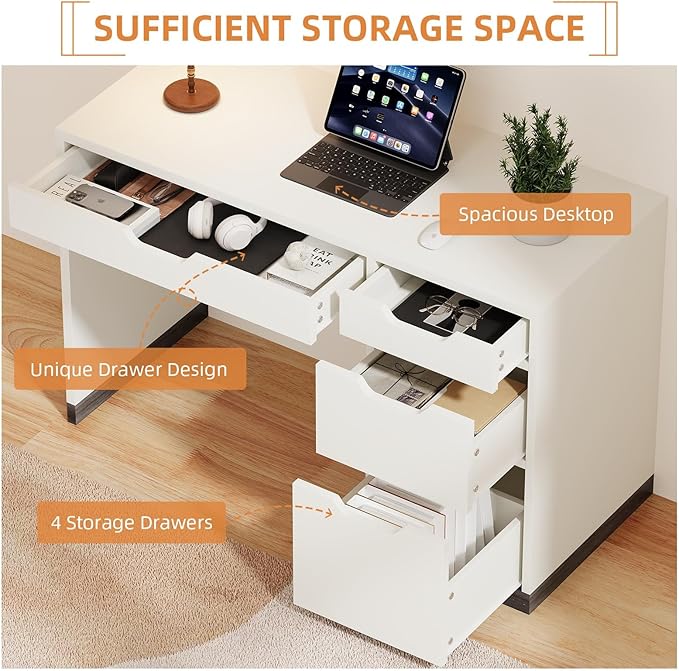 48 Inch White Desk with Drawers, Small Desk with 4 Storage Drawers for Kids, Computer Study Desk with Filing Drawers for Home Office
