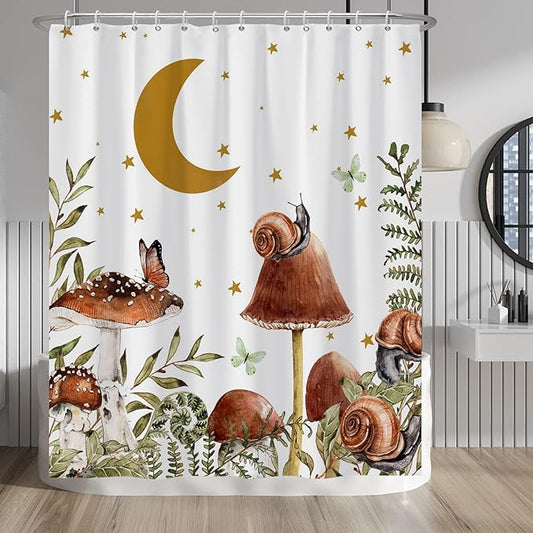 Baocicco Mushroom Shower Curtain Cute Retro Mushrooms Butterfly Snails Botanical Moon Stars Shower Curtains Decorative for Bathroom Waterproof Fabric Shower Curtain with Hooks 60x72 Inches