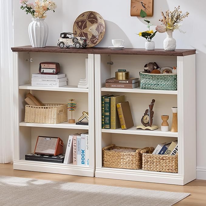RWYHG 43" White Tall Bookshelf Set of 2,3-Tier Thick Wooden Book Shelf with Adjustable Shelves,Free Standing Farmhouse Bookcase with Open Display Storage,Floor Vintage Bookshelves for Living Room