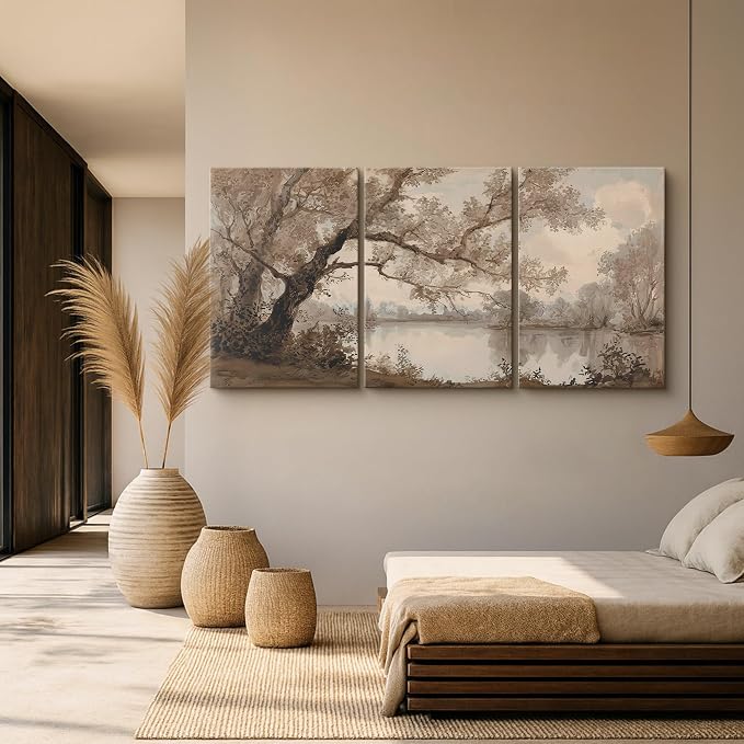 wall26 Canvas Print Wall Art Set Sepia Watercolor Lakeside Tree Landscape Decorative Minimal Relax/Zen for Living Room, Bedroom, Office - 24"x36" x 3