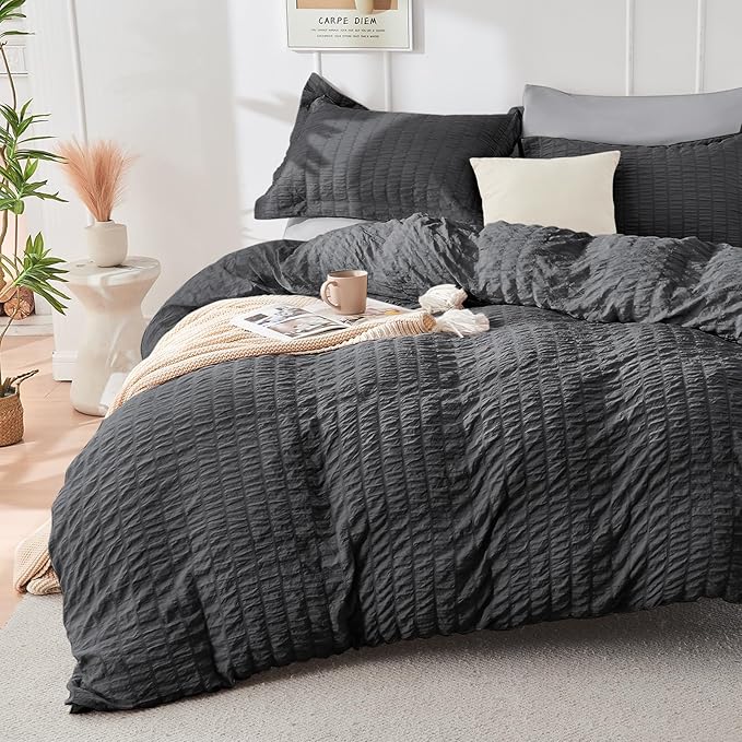 HYMOKEGE Dark Grey/Light Grey Twin Comforter Set Seersucker 5 Pieces, All Season Luxury Bed in a Bag for Bedroom, Bedding Set with Comforter, Sheets, Pillowcase & Sham