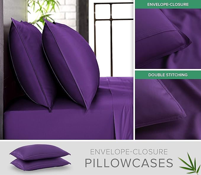 Pure Bamboo Twin Sheets, Genuine 100% Organic Viscose Derived from Bamboo Bed Sheet Set, Luxuriously Soft & Cooling, Double Stitching, 2 Year Quality Promise (Twin, Purple)