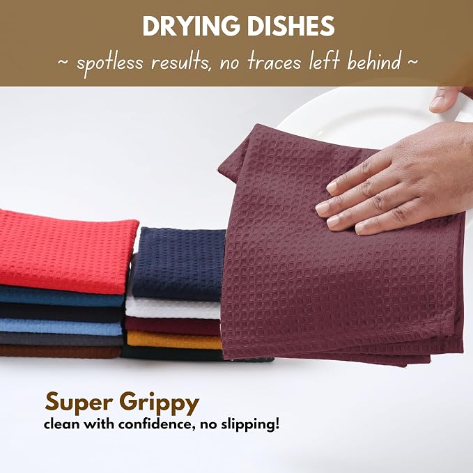 Native Fab Waffle 12 Pack Dish Cloths - 100% Cotton, Absorbent, Quick Dry, Washable Towels for Cleaning, Cooking & Drying Dishes - Perfect for Home, Restaurants, Bars, Cafes - 12"x12" - Burgundy