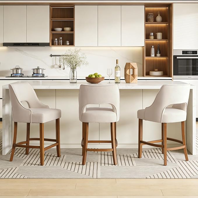 ClinQ Bar Stools Set of 4, 26" H Counter Height Bar Stools with Backs, Modern Upholstered Accent Barstools with Curved Footrest for Kitchen Island, Dining Room and Bar, Beige-Walnut Legs