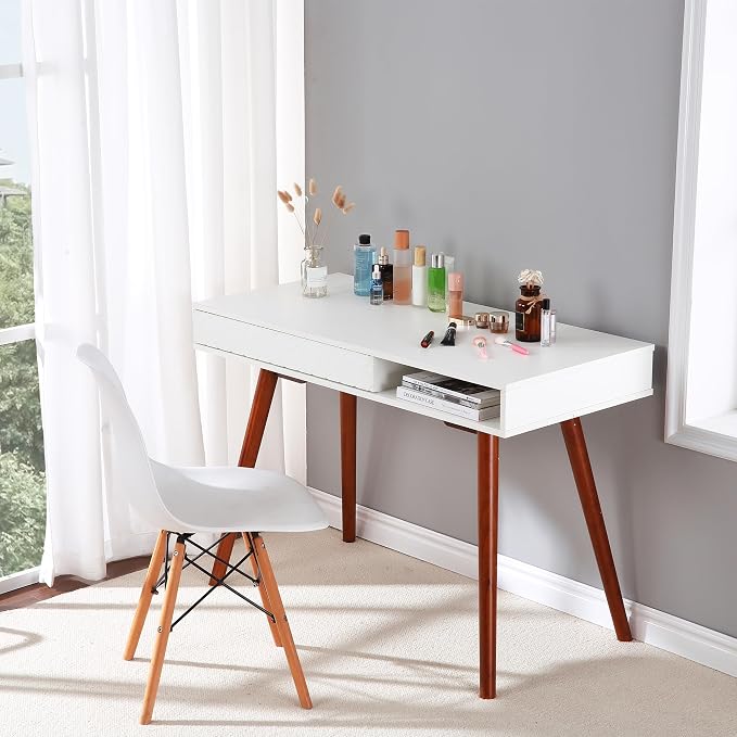 Small White Writing Desk, 42.5 Inch Mid Century Modern Office Desk with Storage, Multifunctional Wooden Study Table Computer Table for Bedroom, Living Room, Home Office