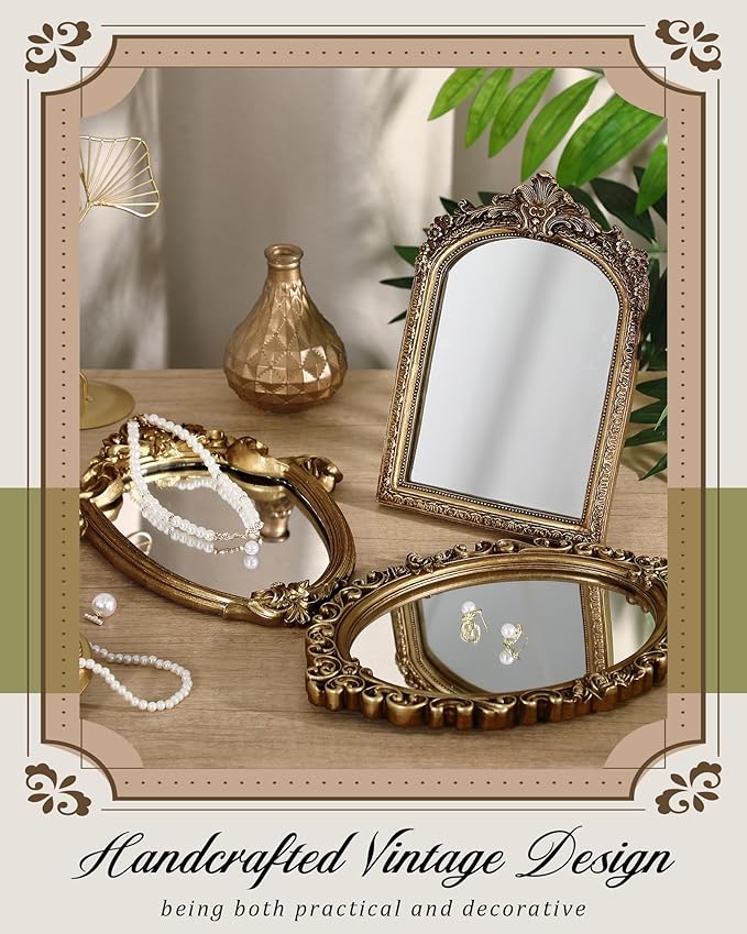 Wonderjune 3 Pcs Vintage Gold Mirror Set Wall Decorative, 8-15in Vintage Wall Mirror Hanging Antique Hanging with Stand for Living Room Home Wedding Decor(Classic Style, 13in/12in/10in)