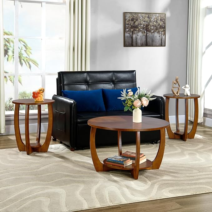 2 Set Wood Farmhouse End Table with Storage Shelf, 2-Tier Side Table with Curved Legs & Lower Removable Shelf, Accent Table for Living Room, Walnut Finish & Easy Assembly, Dark Brown