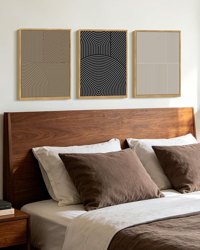 KUVIOKE Minimalist Abstract Boho Framed Wall Art Modern Mid-Century Bohemain Neutral Line Wall Decor Geometric Artwork Bedroom Decor 12x16in (Natural Framed)