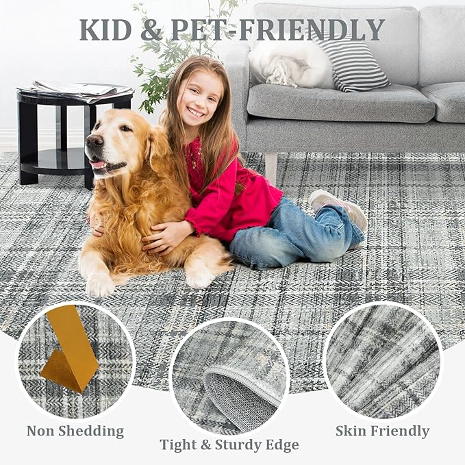 Washable Rugs 10 x 13 Rug for Living Room Soft Bedroom Rug Modern Plaid Large Area Rug Non Shedding Non Slip Throw Rugs Stain Resistant Carpet for Dining Room Nursery 10'x13' Greenish Grey