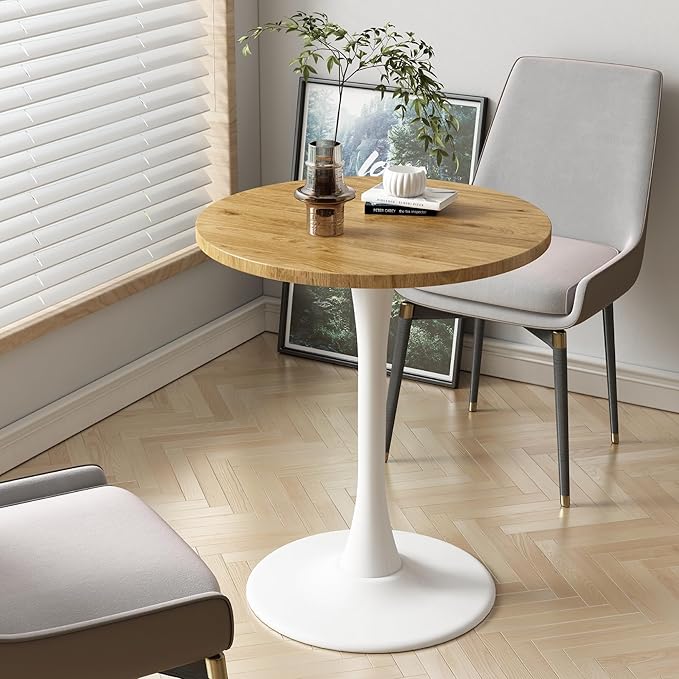 Round Dining Table 24" Circle Tulip Table with Wood Thickened Tabletop & Sturdy Metal Pedestal Mid Century Modern Leisure Bistro Kitchen Tables 2 People Small Places Living Room Cafe,Oak