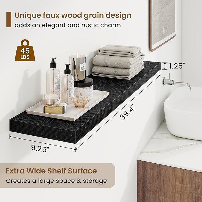40in Floating Shelves for Wall, 40"W x 9.25"D x 1.25"H, 2 Pack Long Wall Mounted Engineered Wood Shelves with Invisible Brackets for Living Room, Bedroom, Bathroom, Kitchen Decor and Storage, Black