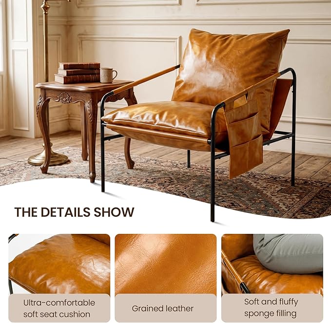 Modern Bright Orange Oversized Faux Leather Chair, Recliner Armchair, Comfy Accent Chair with Sturdy Metal Frame, Armrest bag, Indoor Outdoor couch sofa Chair for Living Room Bedroom Patio lounge