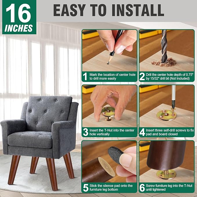 FoDau770 Brown Rubber Wood Furniture Legs 16 Inches, Slant Tapered Wood Feet Mid Century Sofa Legs Set of 4, 5/16" UNC Furniture Feet Replacement Parts for Cabinet Couch Dresser Chair Ottoman Table