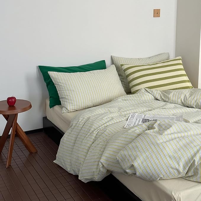 mixinni Vintage Geometric Striped Duvet Cover Set - 3 Piece 100% Washed Cotton Full Size Bedding Set with Matching Pillowcases | Mid-Century Modern Design | Ultra Soft & Breathable-Full Size
