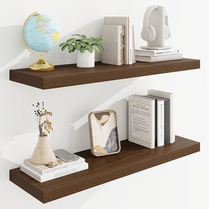 32in Floating Shelves for Wall, 32"W x 9.25"D x 1.25"H, 2 Pack Long Wall Mounted Engineered Wood Shelves with Invisible Brackets for Living Room, Bedroom, Bathroom, Kitchen Decor and Storage, Walnut