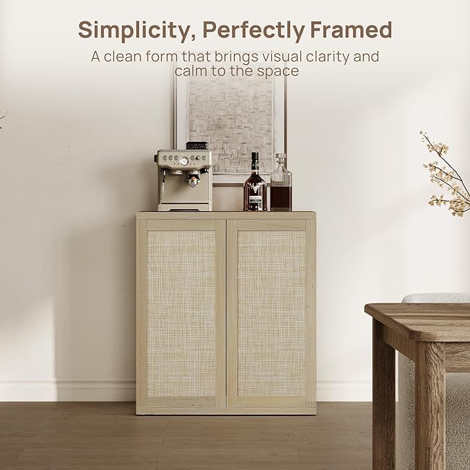 SICOTAS Rattan Sideboard Cabinet with Storage - Large Boho Coffee Bar Cabinet with Doors & Adjustable Shelves, Farmhouse Buffet Console Table Credenza Stand for Living Room, Kitchen, Entryway