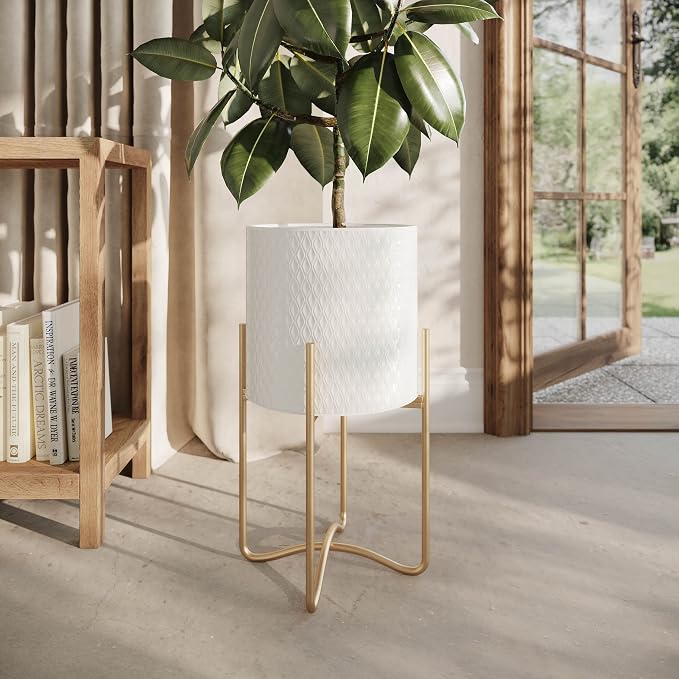 EverNest Claire Mid-Century Modern White Plant Pot with Ambrose Stand, SelectBase, Indoor Planter, Bohemian Style, Minimalist Plant Home Décor (Medium, Gold)